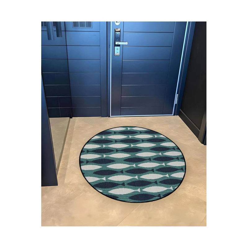 Silhouette Fish Patterned Woven Base Modern Decorative Carpet, Round 4'