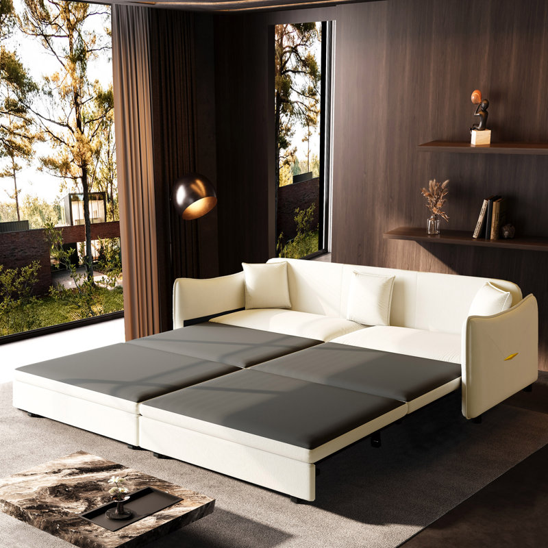 81.9" King Pull Out Sofa Bed,3-in-1 Convertible Sofa Bed with 3 Pillows & Golden Accent Detail Design, Modern Velvet 3-Seater Couch