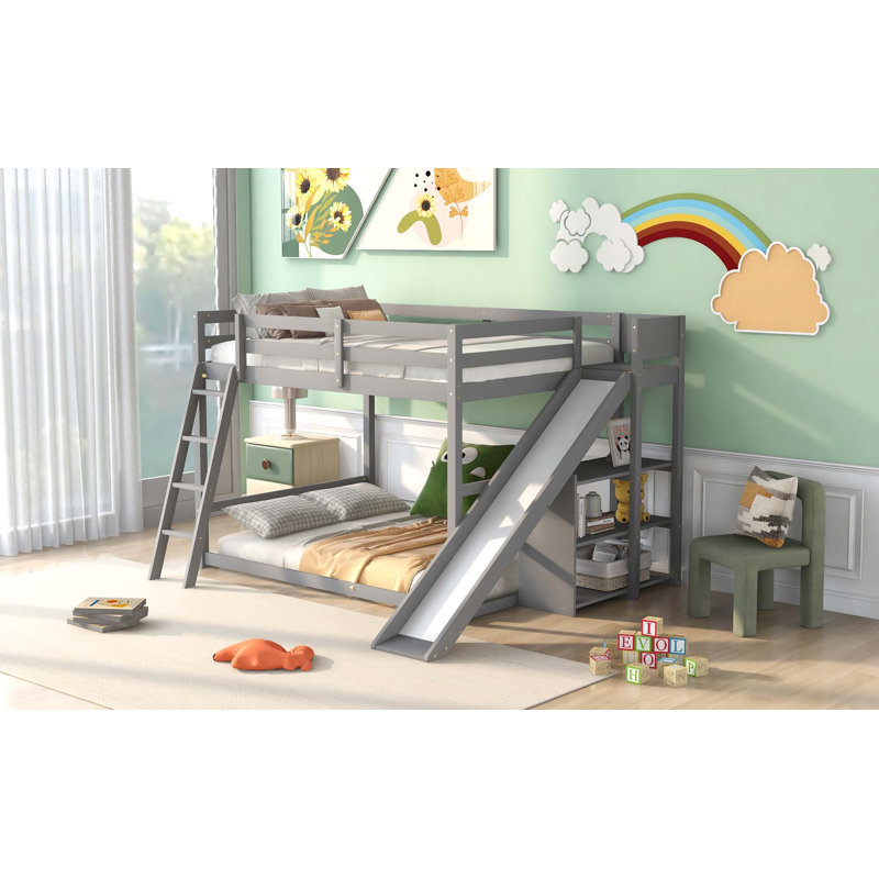 Lit superposé double avec échelle, glissade et tablettes, gris