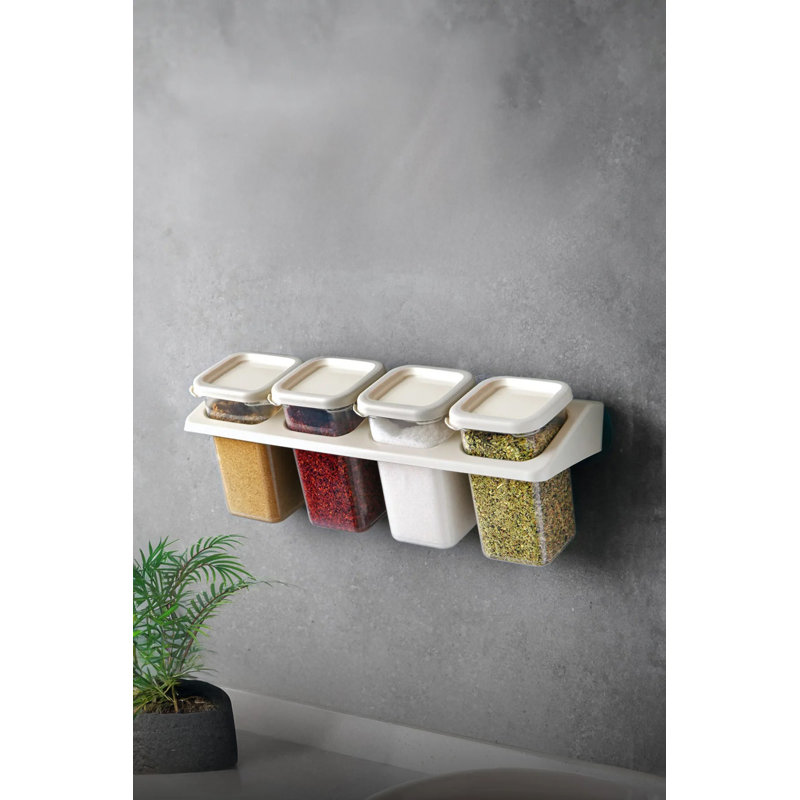 Elyssa 4-Piece Storage Box Set, Cream Color, 3 Boxes (3.0 x 3.0 x 4.9 in) & 1 Stand (4.5 x 12.6 x 1.6 in) | 100% Plastic, BPA Free, Dishwasher Safe | Ideal for Organizing Kitchen, Office & Home Spaces