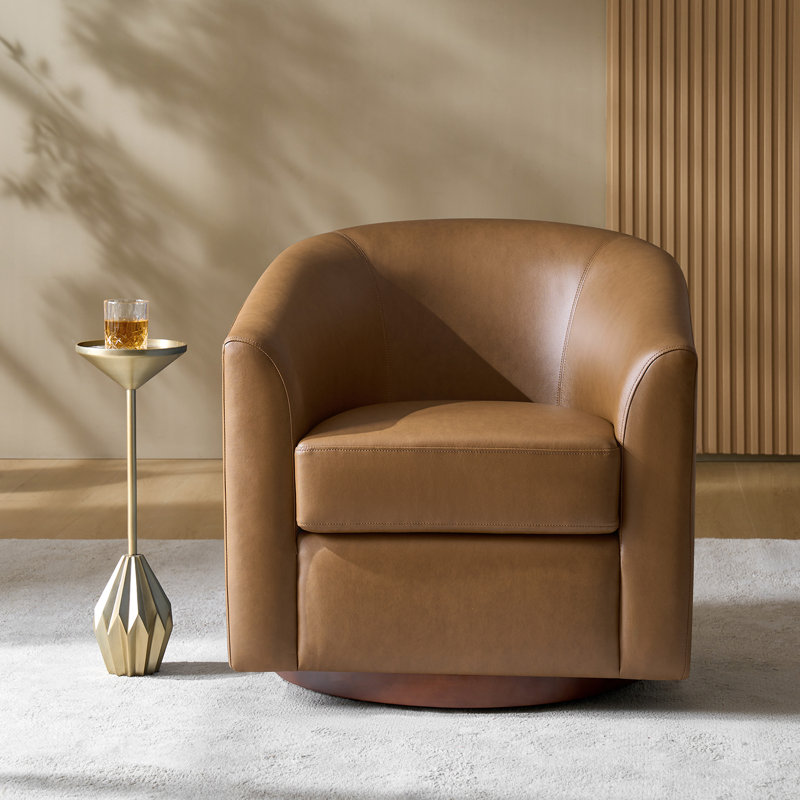 Amiir Morden Vegan Leather Swivel Barrel Chair with Solid Wood Legs, Camel Faux Leather