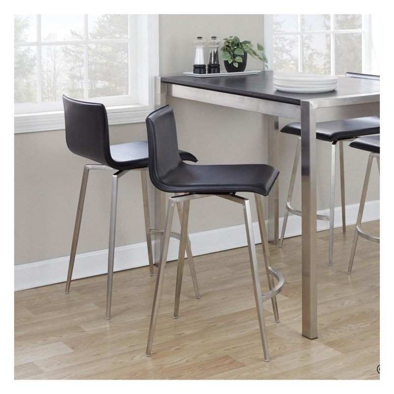 Tabouret de comptoir rembourré à hauteur fixe de 26 po avec pivot en acier inoxydable et similicuir noir - ensemble de 2