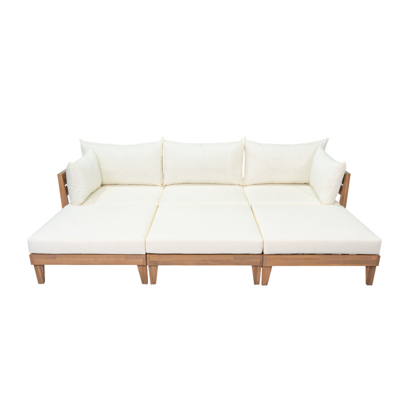 Ensemble de canapé modulaire d'extérieur de 96,3 po de large avec configuration de lit de jour, ensemble de conversation de patio en bois d'acacia 6 pièces avec coussins beige moelleux