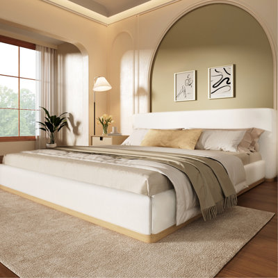 Très grand lit blanc en bois massif et velours, sommeil confortable, revêtement en velours élégant et uniforme, design simple et sécuritaire