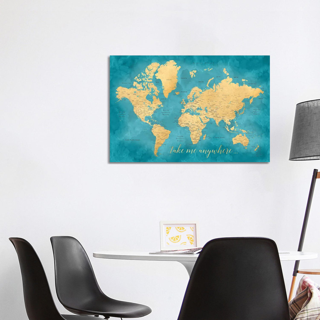 Take Me Anywhere Gold And Teal Detaillierte Weltkarte von Blursbyai - Gallery-Wrapped Canvas Giclée on Canvas