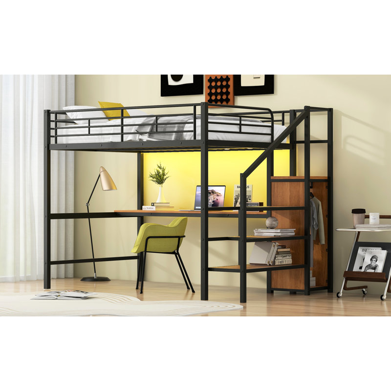 Lit mezzanine double en métal avec bureau, escalier de rangement, petite armoire, confortable et sécuritaire, Noir
