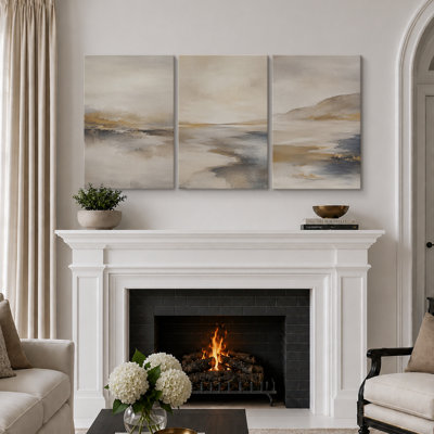 Neutral Abstract Landscape Artwork, Living Room Pictures, Framed Canvas Giclee Print 3 Pieces Wall Art
