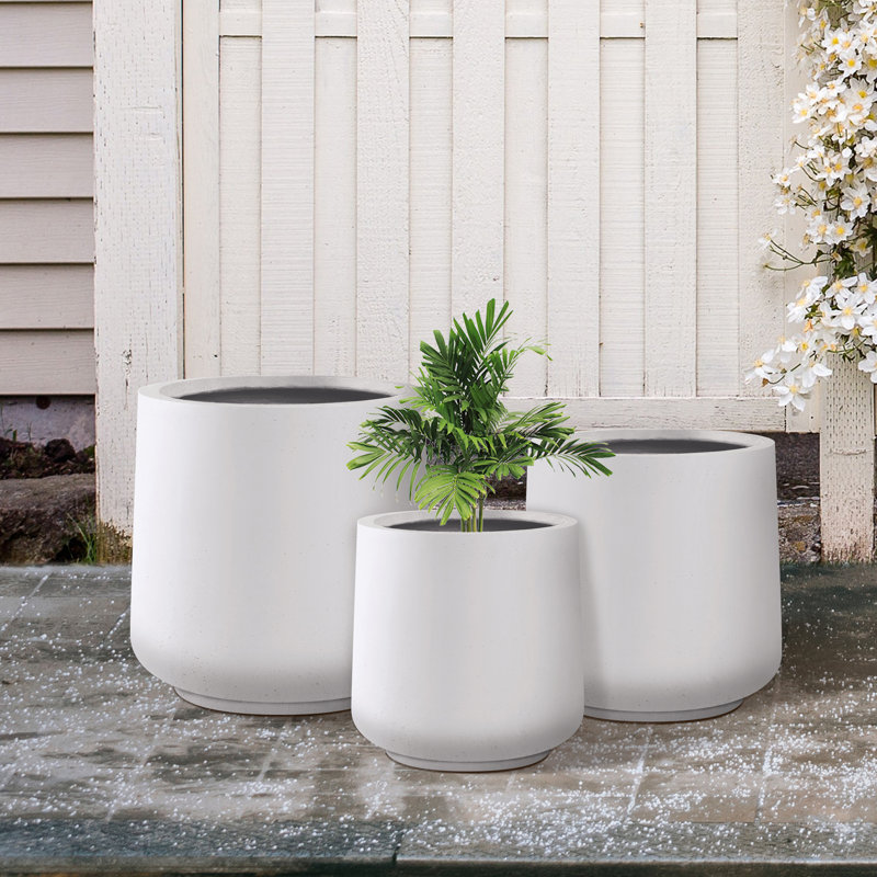 Tali 3 Piece Round Concrete Planter, Outdoor Indoor Large Planter Pots Containers with Drainage Holes for Set, Pure White