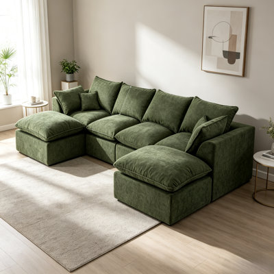 Cloud Sectional Couch，L Shaped Modular Sofa, 4 Seater Boneless Couch with 2 Deep Seat Movable Ottoman， No Assembly, Green