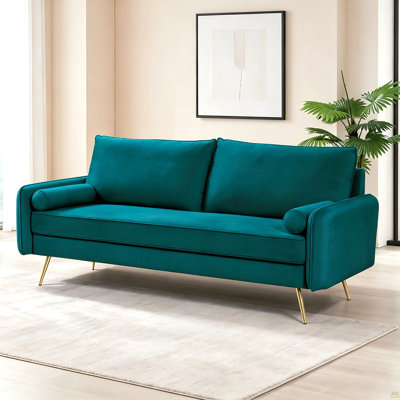 Mid-Century Velvet Sofa,Nailhead Upholstered Couch with Golden Metal Legs,Modern Large Sofa for Living Room