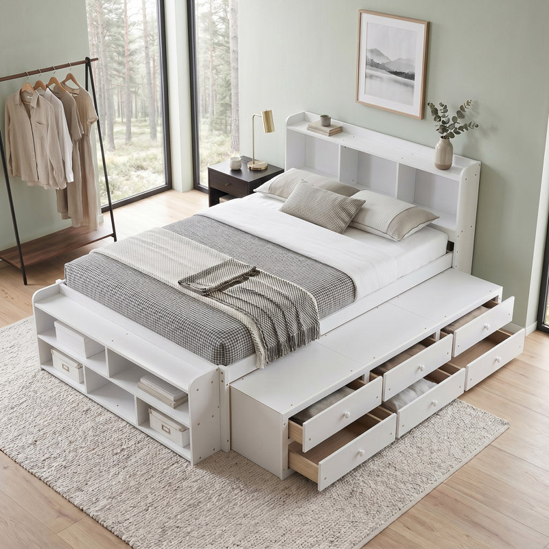 Lit double avec tête de lit bibliothèque, tiroirs sous le lit et armoire de rangement, Blanc