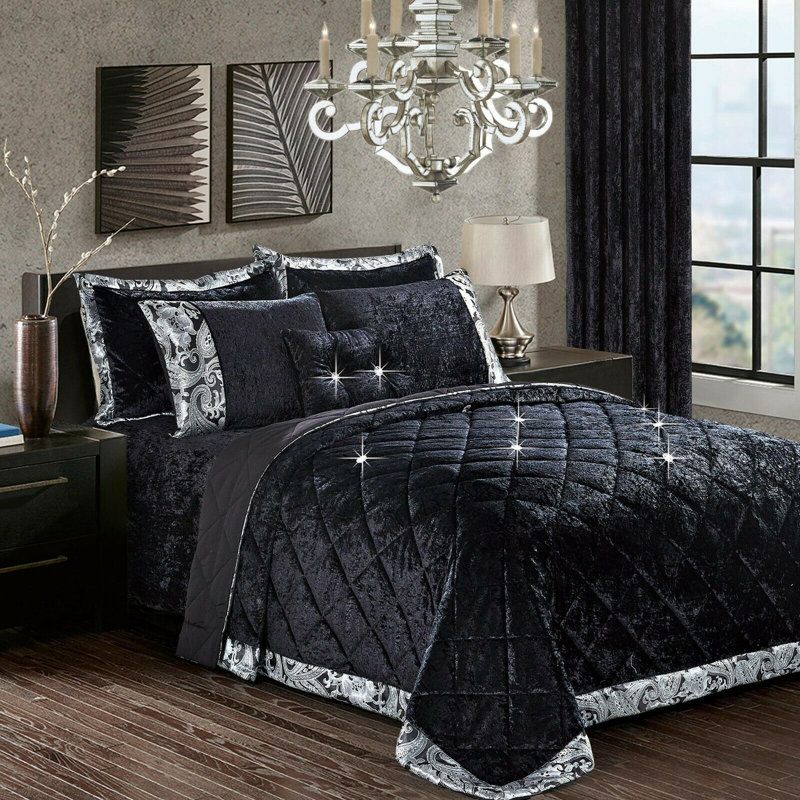Altinaj Bedspread with Pillowcases, Black, 250 x 250cm Bedspread + 2 Shams