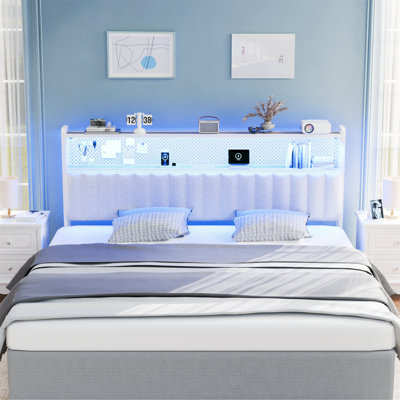 King Size Headboard, Adjustable Upholstered Headboard With 2 Tier Shelves And Pegboard With Charging Stations And LED Lights, Modern Bed Headboard With Storage Linen And Dark Gray