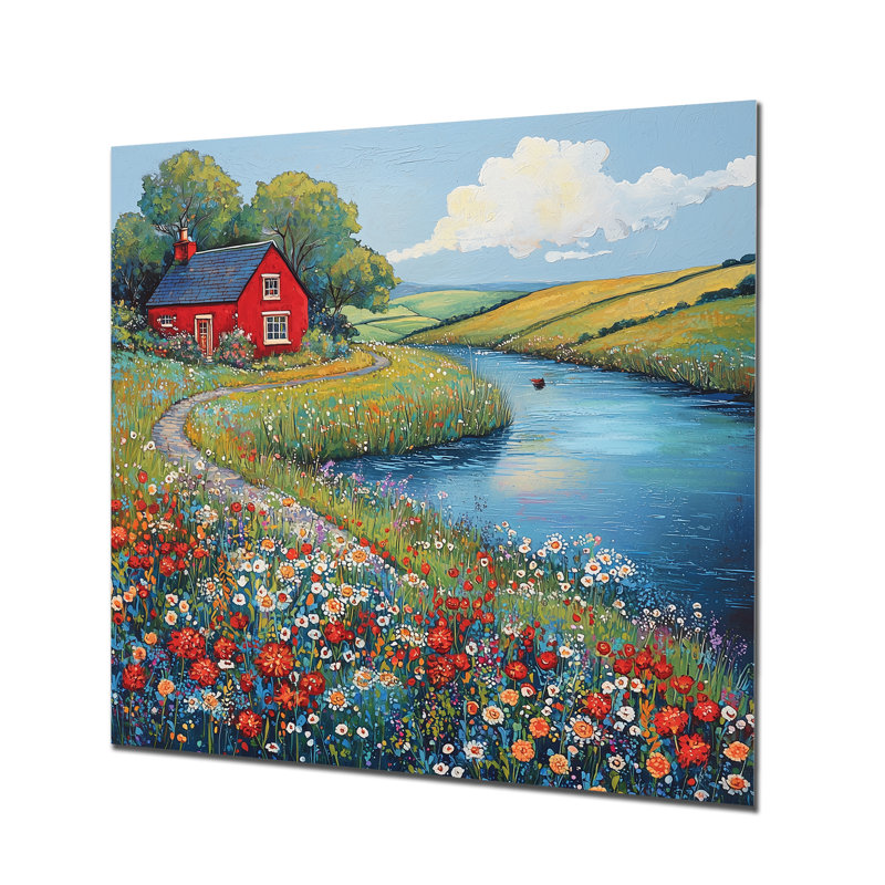 Cottage par The Riverbank I - campagne imprimé métallique, H 36 po x l 36 po