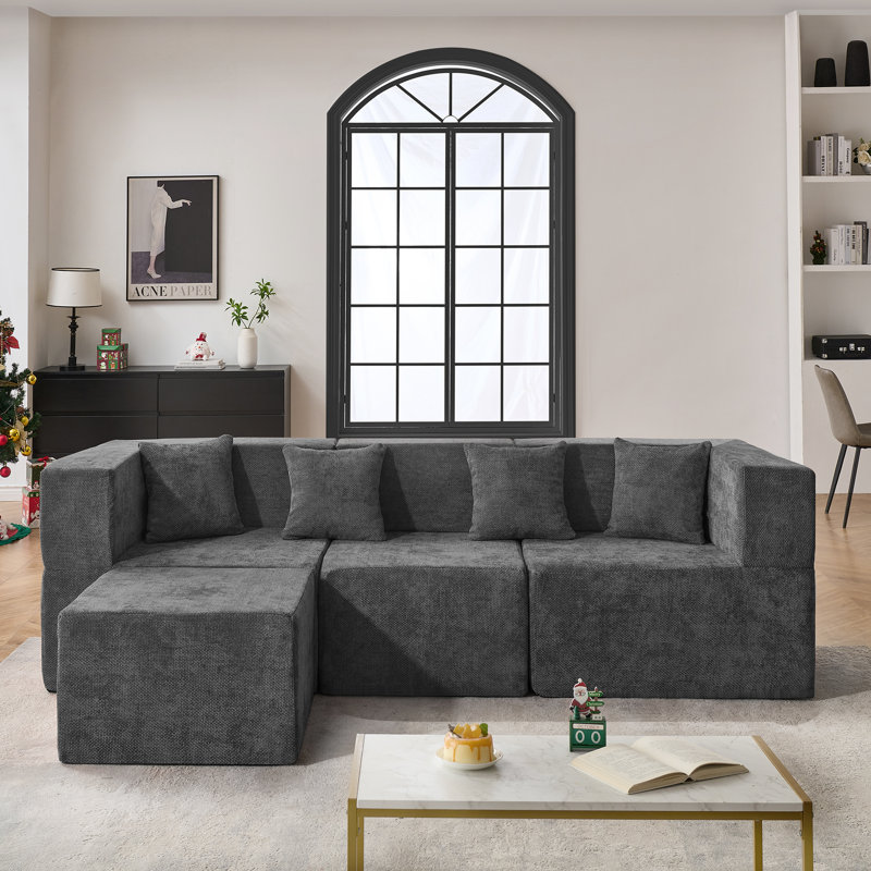 Cloud Modular Sectional Couch, L-Shaped Sectional with Boneless Design, Modern Minimalist Upholstered Couches Deep Seat Sleeper Sofa with Ottoman & Pillows