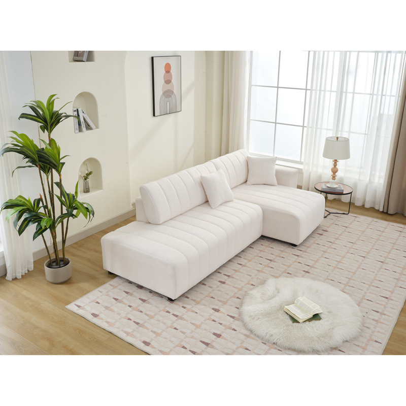 En forme de L à 3 places d'inspiration scandinave avec coussins décoratifs, revêtement en laine, rembourrage en mousse, options de sièges flexibles en laine d'angle beige, fonction réversible, rembourrage haute densité