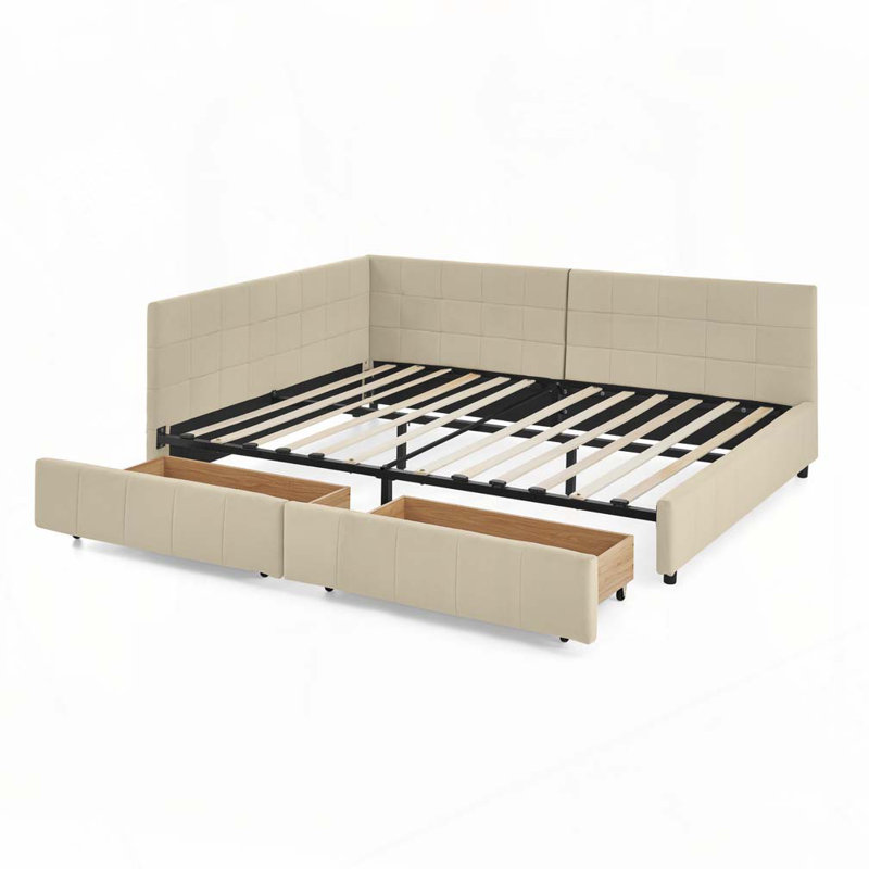 Lit de jour en velours avec rangement, Beige, Complet/Double