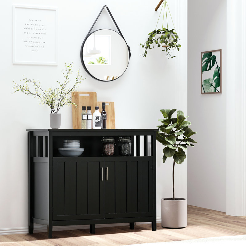 Buffet pour le vestibule, la cuisine ou le bar à café, armoire noire avec 2 portes et une étagère réglable à trois niveaux.
