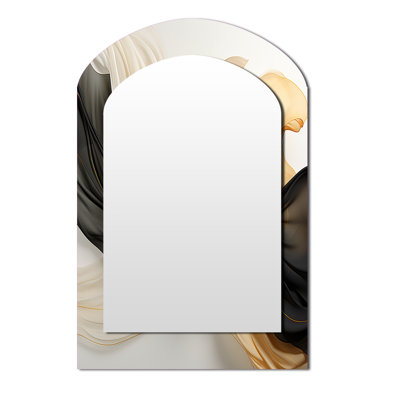 Gold And Black Soft Wave Fusion IV - Abstract Shapes Arch Decorative Wall Mirror, Modern Asymmetrical Mirror, Printed Metal Art