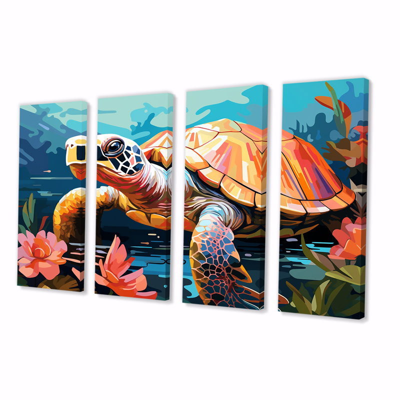Pop Art Curious Turtle Aquatic I - Tortue, ensemble de 4 décorations murales, H 28 po x l 48 po
