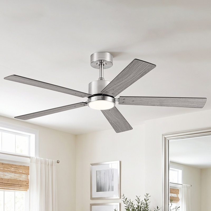 Ventilateur de plafond intelligent à DEL à intensité variable de 52 po, APP et télécommande, moteur CC réversible à 6 vitesses, 3 lumières de couleur, minuterie, pales de bois à double face, tiges verticales de 6 po / 10 po