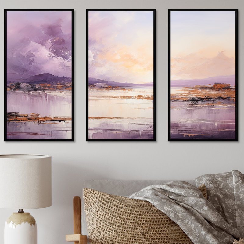 Mauve et or, lac et montagne II - art mural lac, H 28 po x l 36 po x P 1 po, Cadre flottant noir