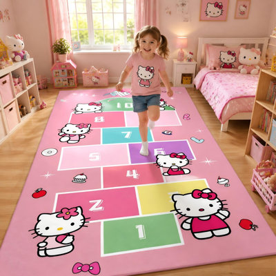 62.9" x 90.5"Hello Kitty Rug for Girls Kids, Hello Kitty Theme Hopscotch Game Rug Bedroom Desor Decorations