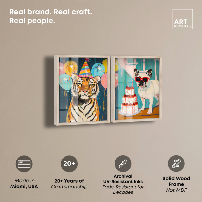 Fête d'animaux, ensemble de boîtes à ombre, impression par Art Remedy, Crème, crème, H 26 po x l 36 po