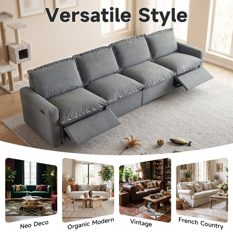 Canapé modulaire inclinable électrique en tissu, canapé Zero Gravity avec ports de charge USB et accoudoirs carrés, Gris