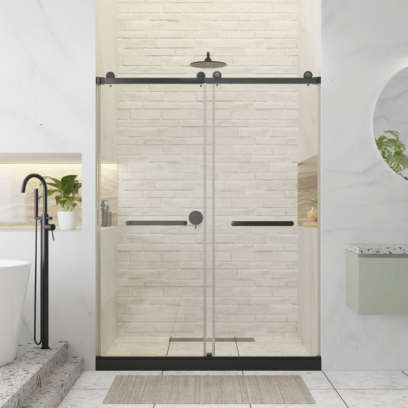 54'' W X 80'' H Double Sliding Frameless Shower Door, Black, Black