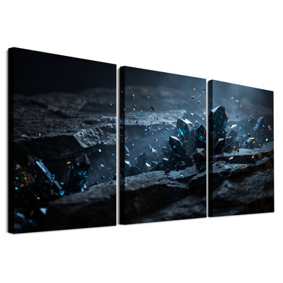 «Blue Crystal Geode Formation on Dark Rock», ensemble de 3 toiles murales