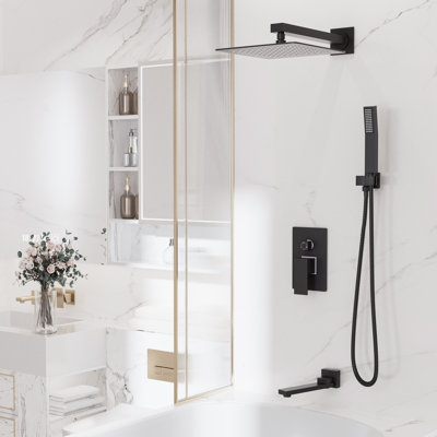Concealed Wall Mount Shower System with Pressure Balance Valve, 10" Square Rain Shower Head, Handheld Shower & Tub Spout, Matte Black 3-Function Shower Faucet Set, Solid Brass Rough-in Valve