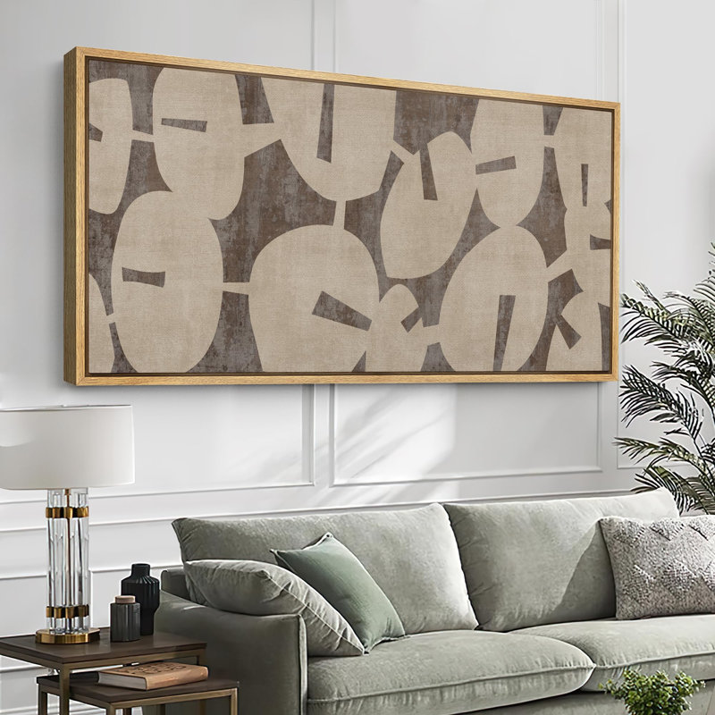 Motif géométrique abstrait dans des tons terreux, art moderne, H 30 po x l 60 po, Naturel