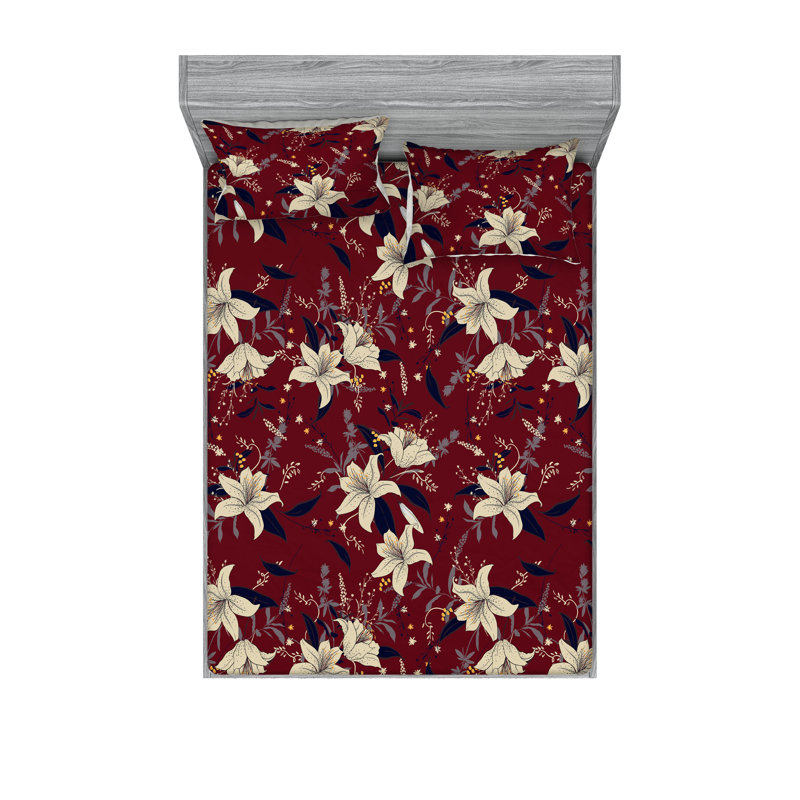 Drap-housse et taies décoratives 3 pièces Ambesonne, Rubis / motif floral champagne