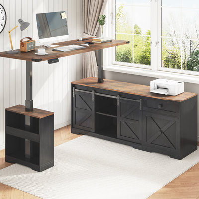 63" Farmhouse Electric Standing Desk Adjustable Height Sit Stand Corner Stand Desks, L Shaped Standing Computer Desk With Power Outlets & Storage Drawers & Sliding Door For Home Office