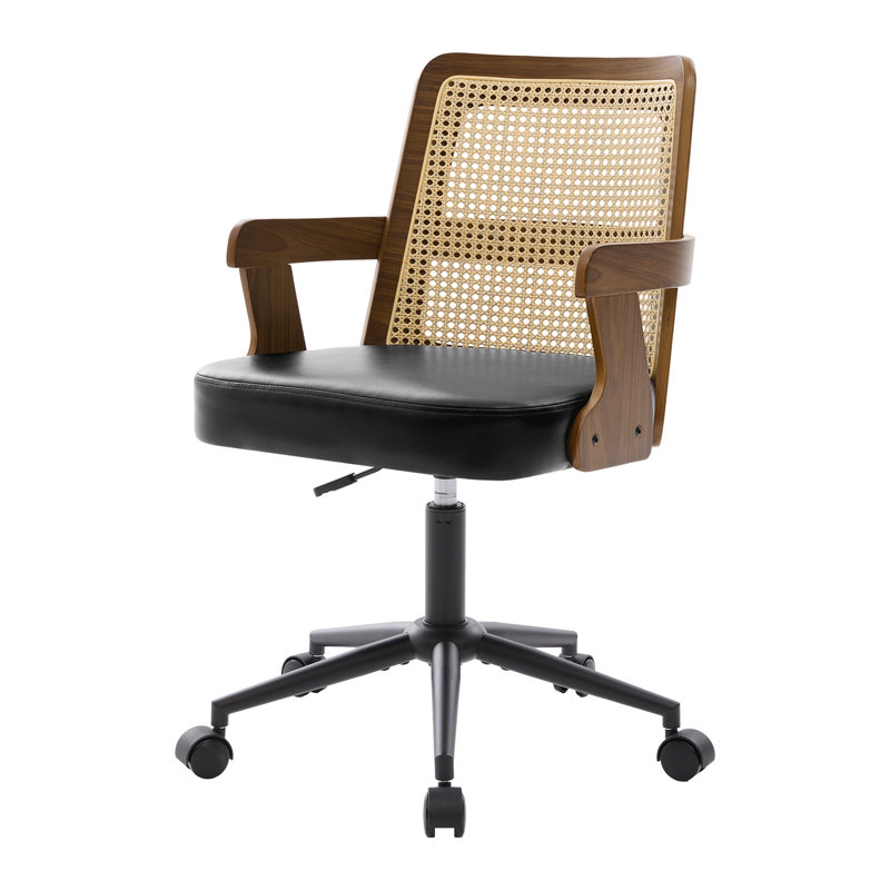 Breathable Cane Back Home Office Chair With Mid-Century Walnut Frame & Adjustable Swivel Base, Black