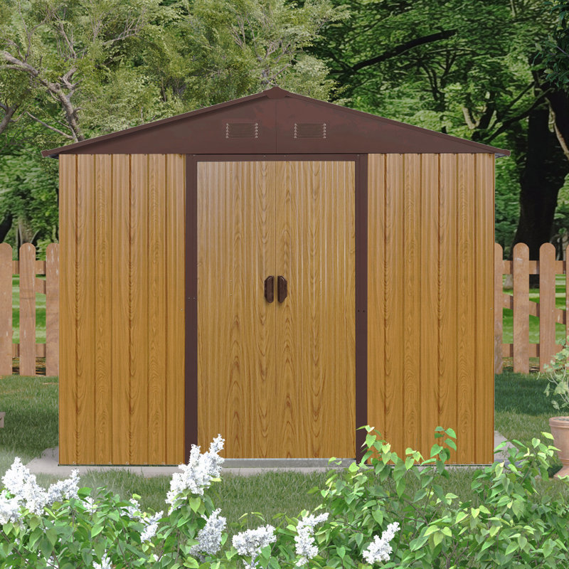 Remise de rangement extérieure en métal 8 pi x 4 pi avec porte coulissante et fondation, Brun