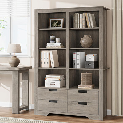 71" Tall Bookshelves with 4 Drawers,6 Tier Large Bookcase, Farmhouse with Storage, Floor Standing Display Storage Shelves, Standing Shelving Unit for Living Room, Kitchen