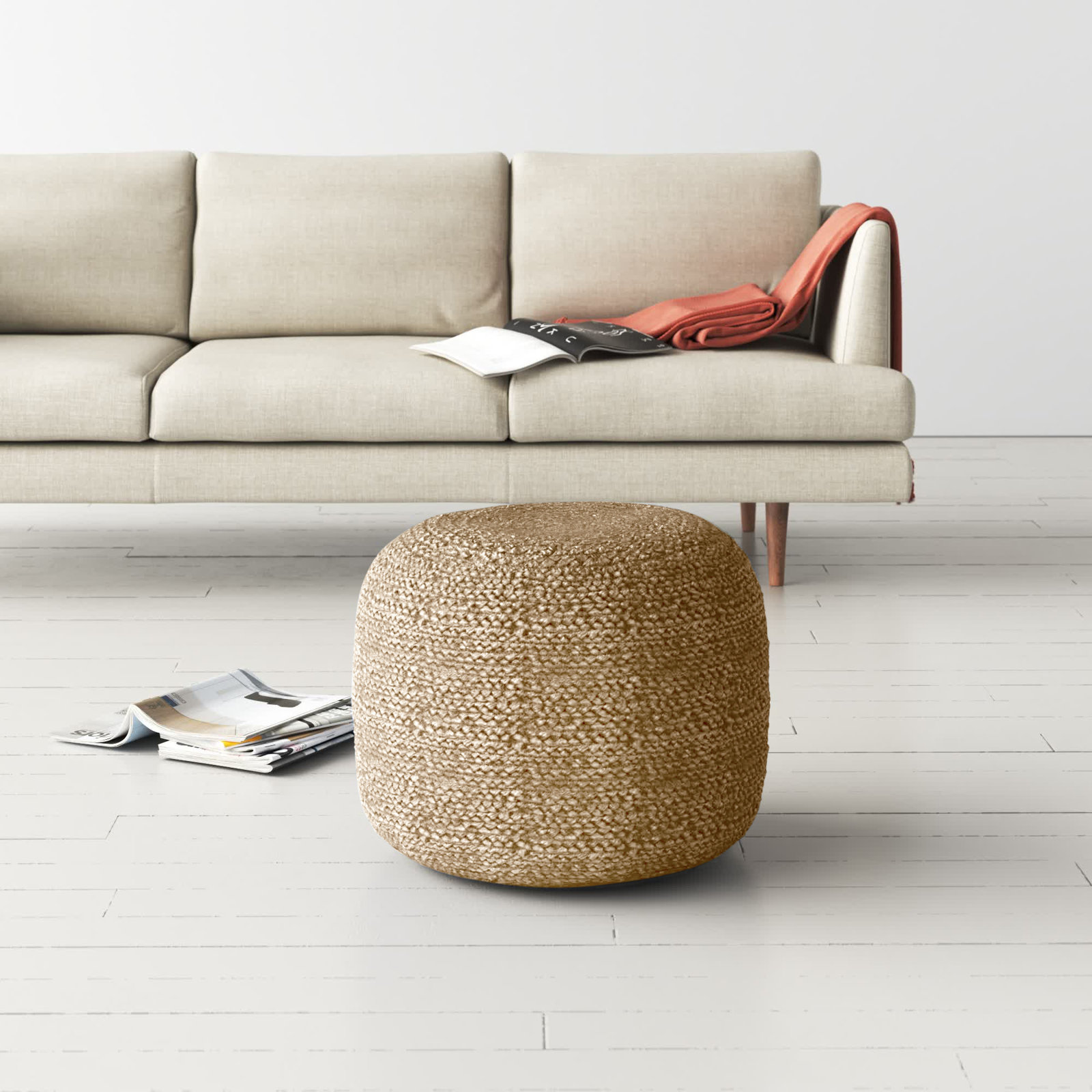 Rodriguez Upholstered Pouf, Khaki