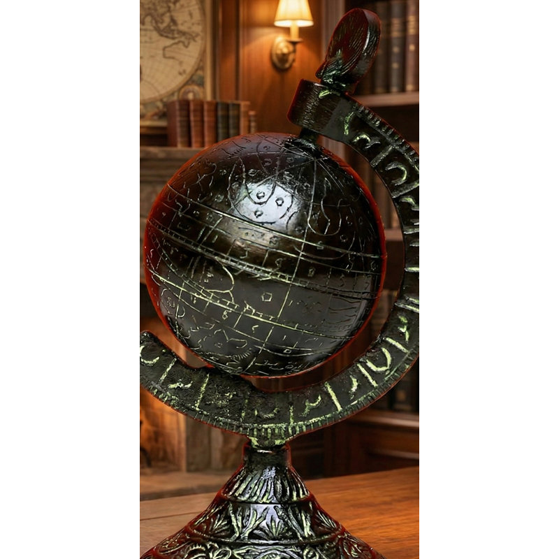 Globe terrestre en laiton fait à la main de 7 pouces - Sculpture de table céleste avec calligraphie arabe, patine rétro et base décorative pour bureau, bibliothèque ou salon