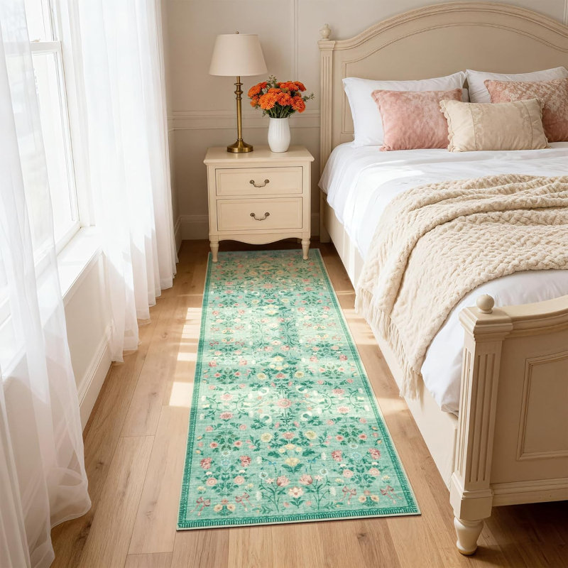 2x6 Floral Runner Rug, Washable Non Slip Foldable Rug for Hallway Kitchen, Green, Runner 2' x 6', Green