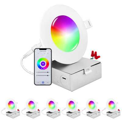 Luxrite 4 Inch Smart LED Recessed Lighting, RGBW Colour Changing, Wifi App And Voice Control, Compatible With Alexa And Google Home, No Hub Required, 10.5W 700LM, CRI 90, IC Rated, Wet Rated (6 Pack)