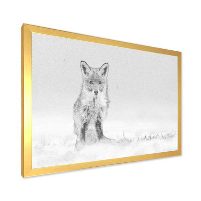Croquis de renard noir et blanc en hiver II - reproduction de cadre flottant sur toile