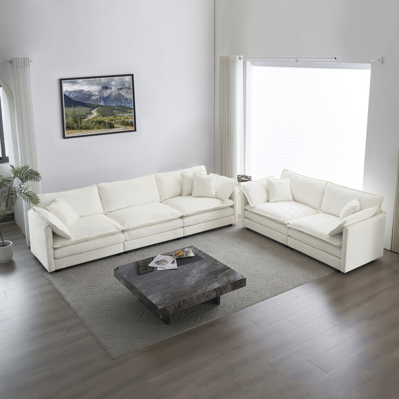 Sofa Set Of 2 Chenille Couch, 2+3 Seater Sofa Set Deep Seat Sofa, Modern Sofa Set For Living Room, Beige