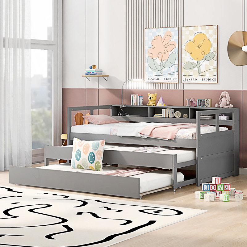 Modern Style Daybed With 2 Trundles And 3 Storage Cubbies, Gray