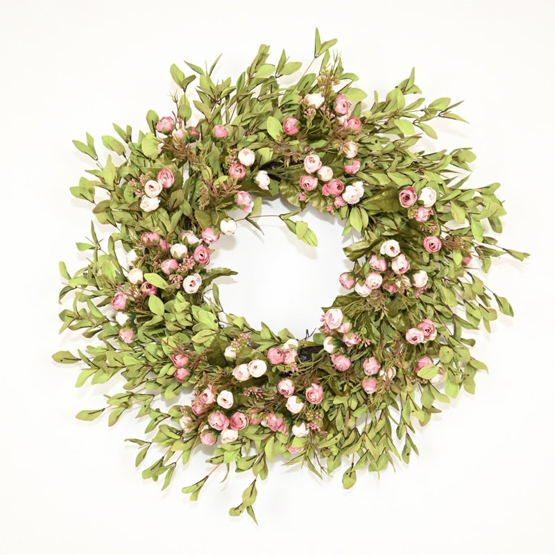 Couronne de 26 po en forme de ferme de printemps avec fleurs en eucalyptus