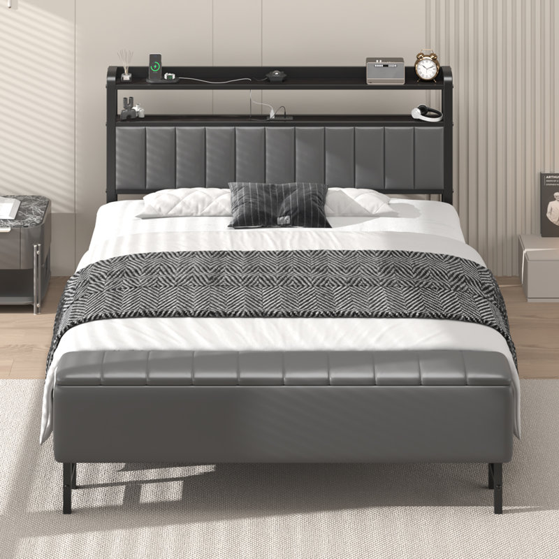 Modern Upholstered Platform Bed with a Starry Sky Projector, Built-in Storage Bench, Convenient Charging Station, Easy Assembly