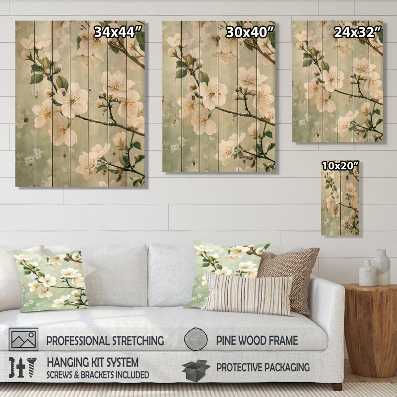 Fleurs de cerisier blanches au printemps - Décoration murale en bois de cerisier en fleurs - sur bois de pin naturel