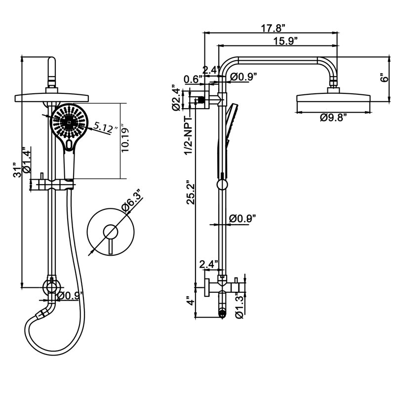 Système de douche complet en laiton massif avec valve brute, Or brossé