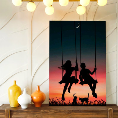 Couple romantique sur balançoire, coucher de soleil, silhouette de lune de lune, impression sur toile, décoration décorative pour la maison, salon, chambre à coucher et bureau, galerie